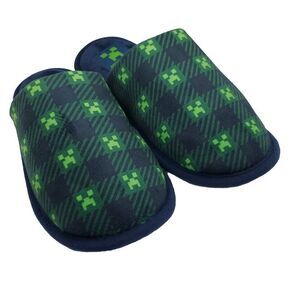 Boys' XL 4/5 Slippers Hard Sole Minecraft Gaming Scuff Plaid  Green & Navy Blue